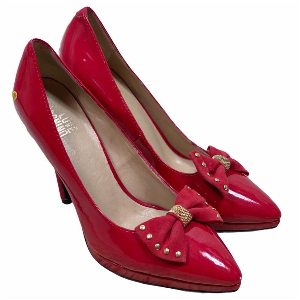 MOSCHINO EUC Red Patent Leather Studded Bow Pumps